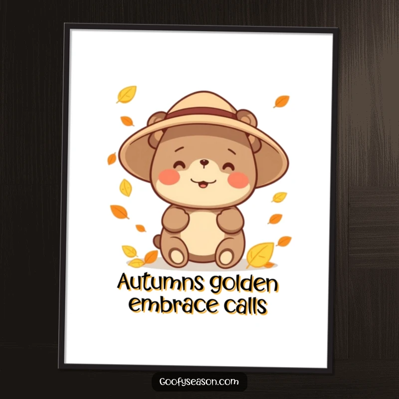 Funny Free Printable Wall Art: Happy bear in a sun hat joyfully trying to catch colorful falling leaves in autumn.