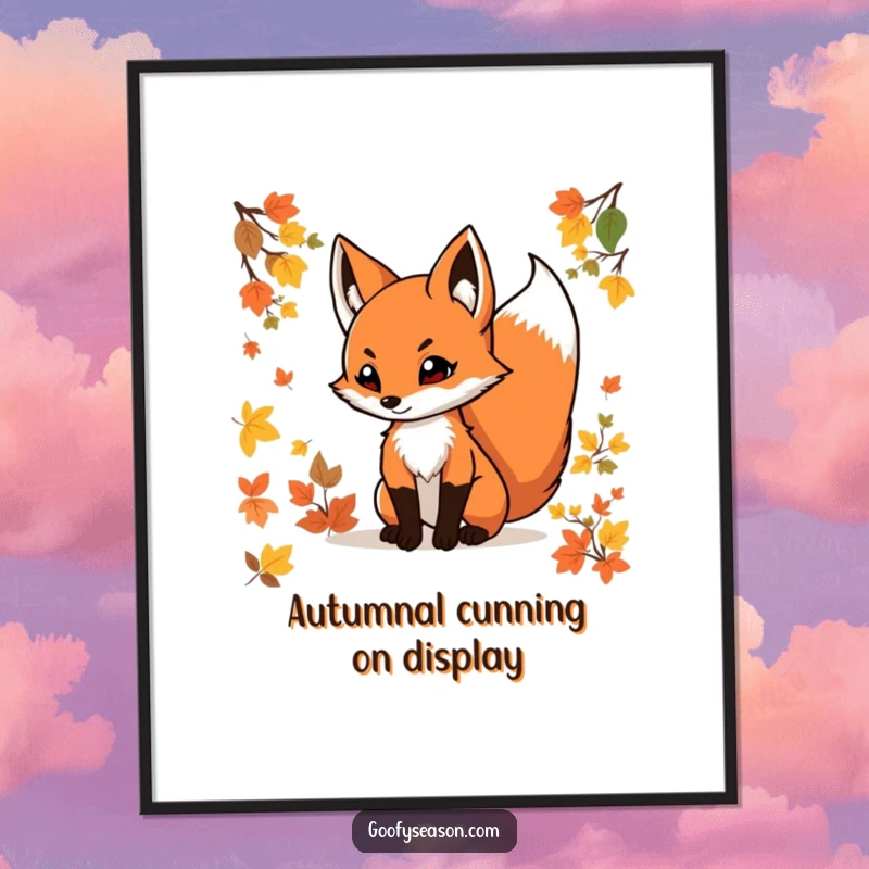 Funny Free Printable Wall Art: A determined fox with its tail swishing energetically moves through a backdrop of vibrant, colorful autumn foliage.
