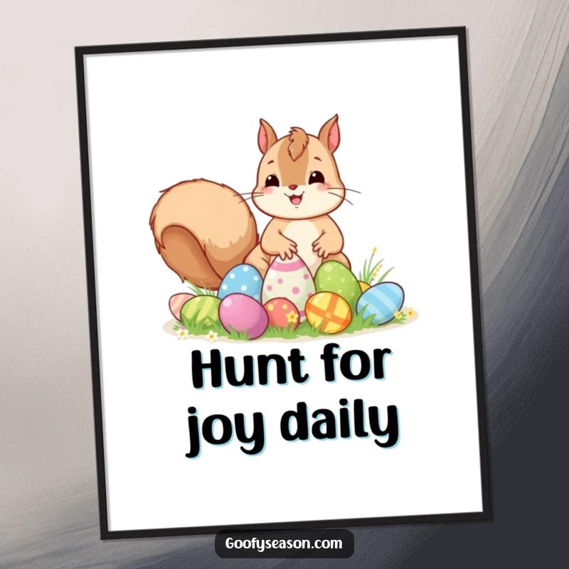 Funny Free Printable Wall Art: Excited Kawaii squirrel placing colorful Easter eggs for a hunt, radiating playful energy.