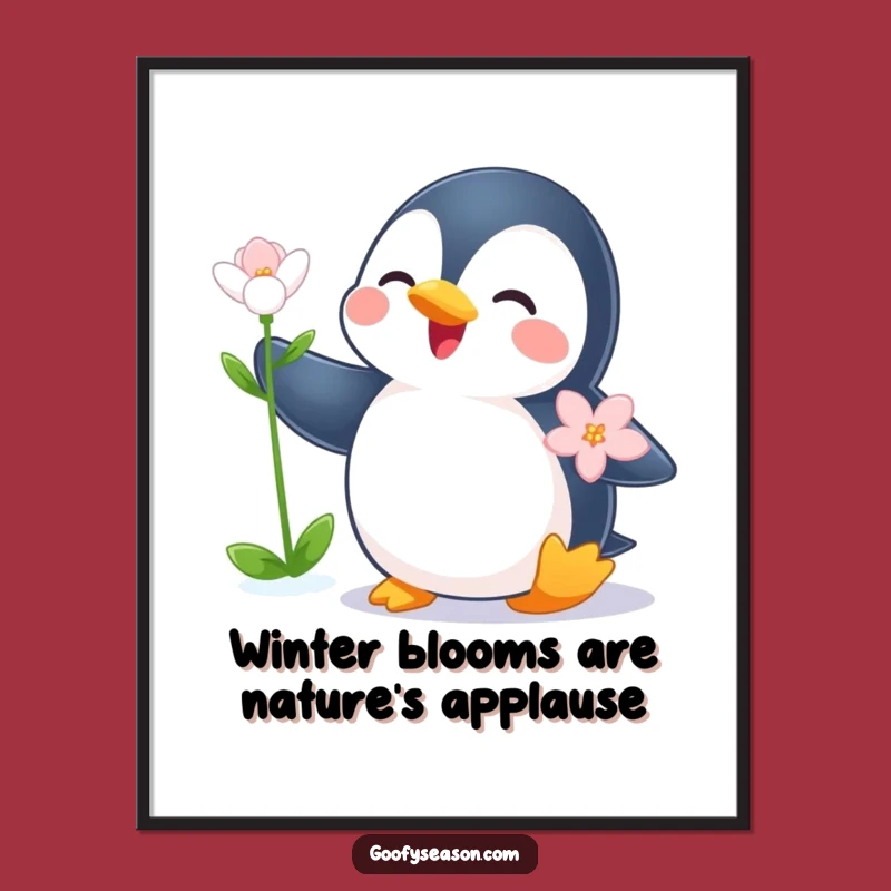Funny Free Printable Wall Art: Penguin's Winter Bloom Joyful Scene