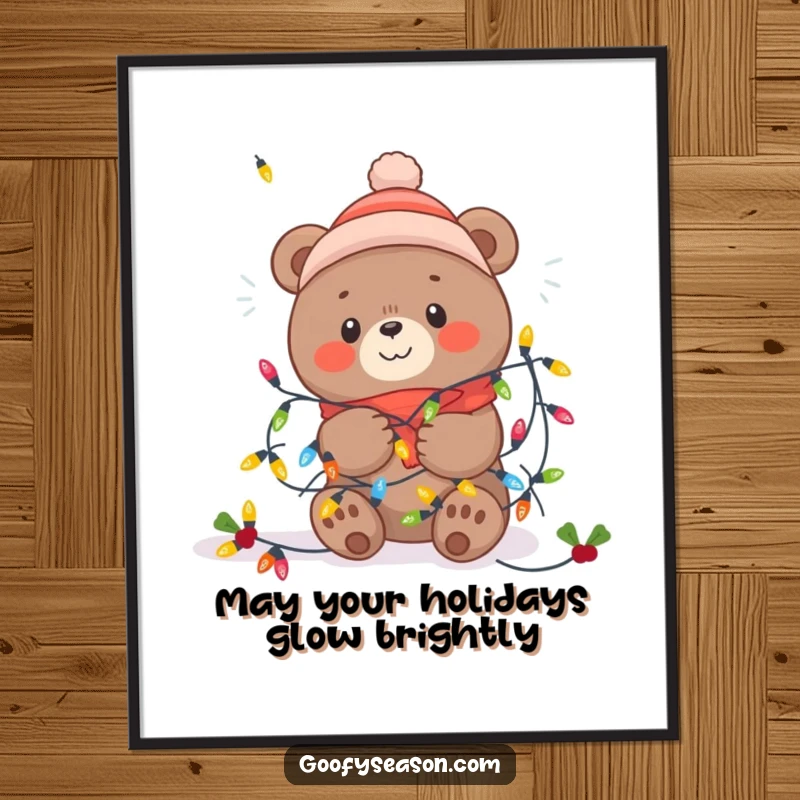 Funny Free Printable Wall Art: Kawaii bear playfully tangled in cheerful, colorful winter festive lights, creating a cozy atmosphere.