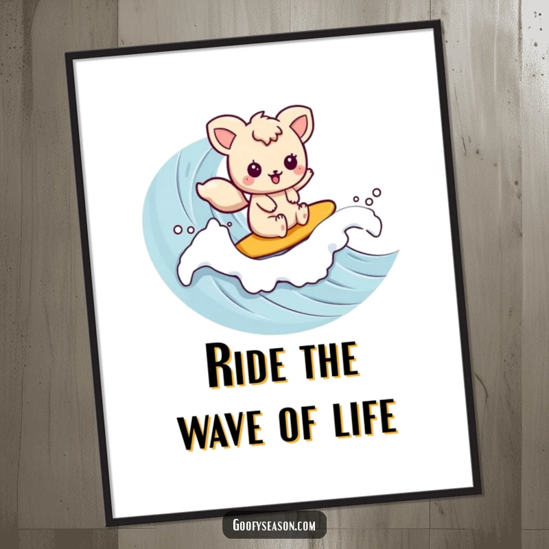 Funny Free Printable Wall Art: Kawaii animal cheerfully rides a gentle wave, embodying pure, relaxed joy.