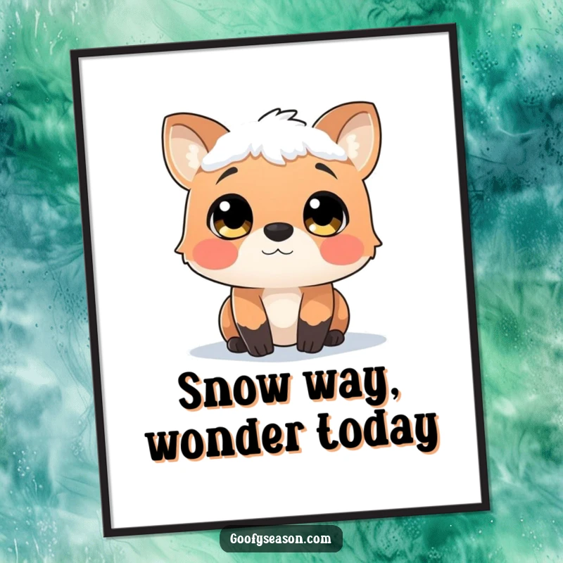 Funny Free Printable Wall Art: A curious animal with wide, wonder-filled eyes watches a gentle snowfall, creating a scene of peaceful winter magic.