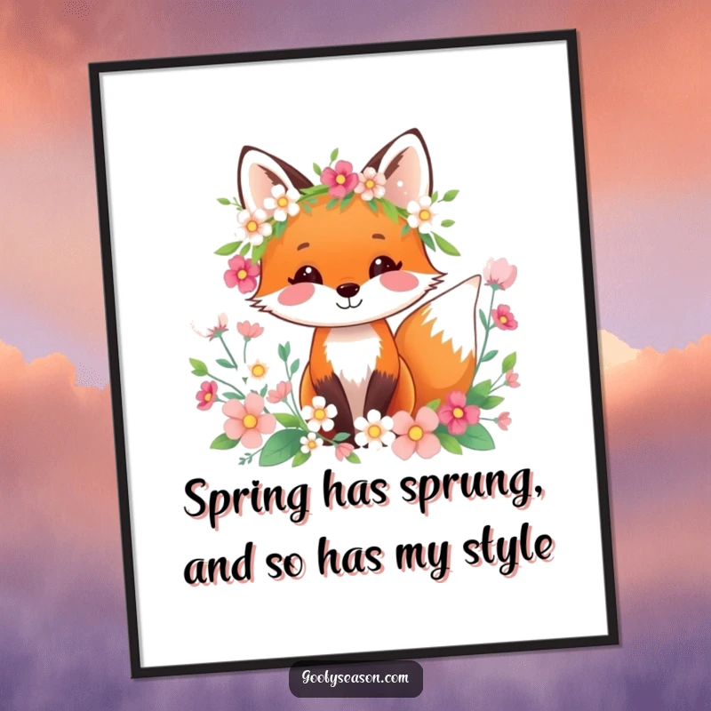 Happy Free Printable Wall Art: A joyful fox wearing a vibrant spring wreath amidst a backdrop of colorful blooming flowers.