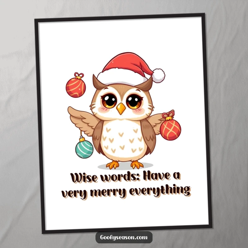 Free Printable Wall Art: A cheerful owl in a Santa hat actively juggling a set of shiny, colorful festive ornaments.