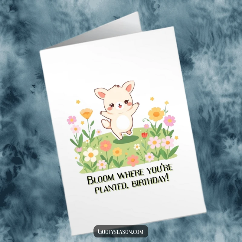 Funny Free Printable Birthday Card: A joyful animal dances happily in a field bursting with colorful, blooming flowers, spreading cheer.