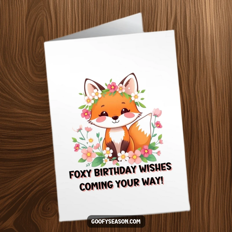 Happy Free Printable Birthday Card: Cheerful fox wearing a spring wreath surrounded by colorful blooming flowers, a festive celebration.