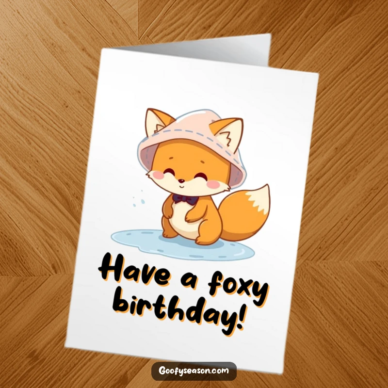 Funny Free Printable Birthday Card: Mischievous fox in a rain hat gleefully plays and splashes in muddy puddles.