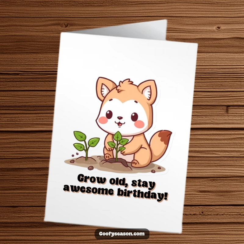 Funny Free Printable Birthday Card: A determined animal plants a vibrant seedling with a hopeful expression, symbolizing growth and new beginnings.
