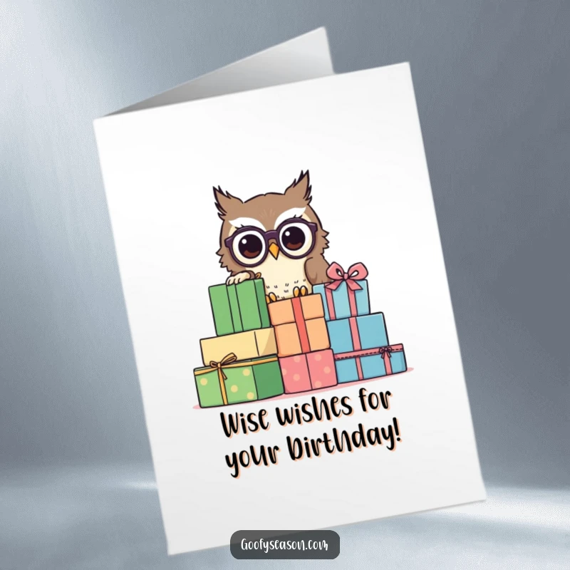 Funny Free Printable Birthday Card: Curious owl with spectacles peeking from behind giant presents.