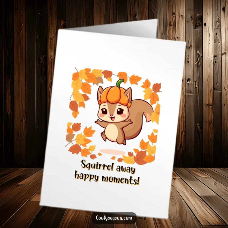 Funny Free Printable Birthday Card: Playful squirrel in a pumpkin hat jumping joyfully through vibrant autumn leaves.