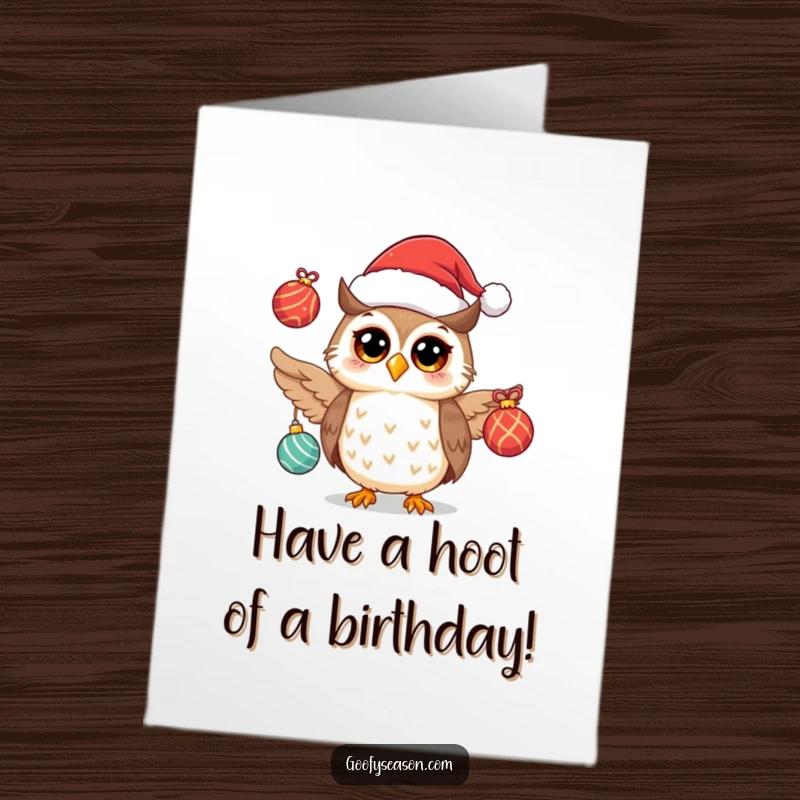 Funny Free Printable Birthday Card: Cheerful owl wearing a Santa hat, comically juggling colorful festive ornaments, a holiday birthday surprise.