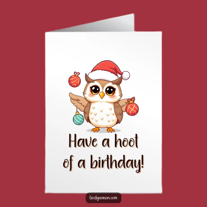 Free Printable Birthday Card: Cheerful Owl Santa Hat, Festive Juggling Gift