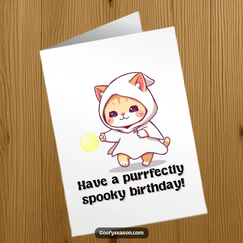 Funny Free Printable Birthday Card: Playful cat in a white ghost costume comically chases a mysterious glowing orb, a hauntingly good time.