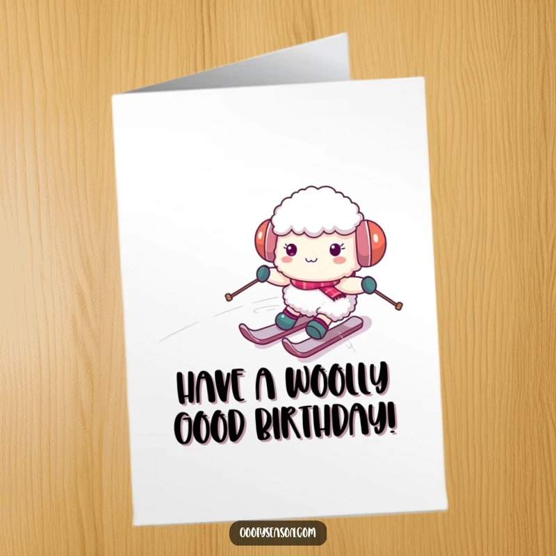 Funny Free Printable Birthday Card: Fluffy sheep in earmuffs hilariously attempts to ski down a snowy slope.