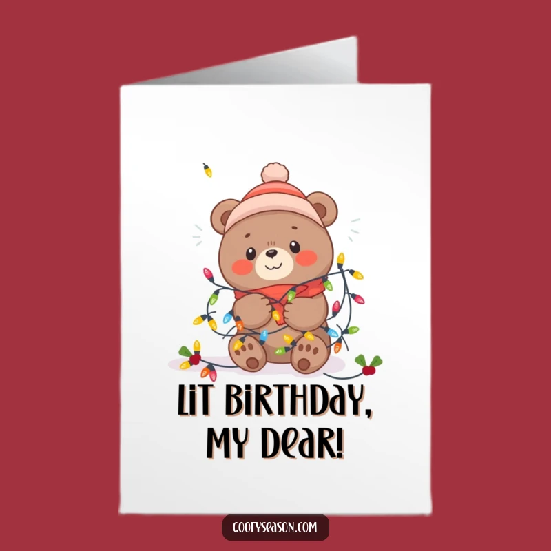 Free Printable Funny Birthday Card: Festive Kawaii Bear Winter Lights Birthday Cheer