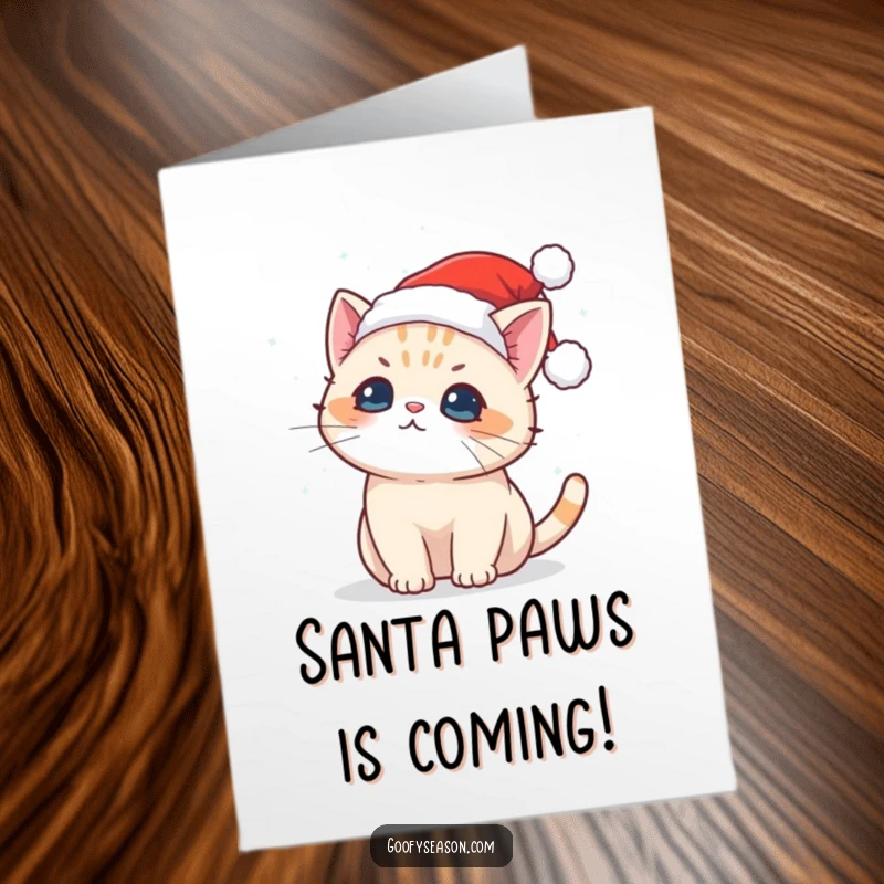 Free Printable Birthday Card: Kawaii cat in a Santa hat trying to catch snowflakes.