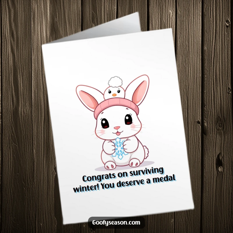 Free Printable Congratulations Card: Adorable bunny looking concerned as its snowflake melts hilariously, a cute celebration.