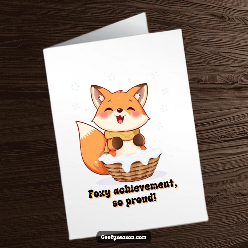 Funny Free Printable Congratulations Card: Smiling fox gathering snowflakes in a basket, symbolizing a cool win.