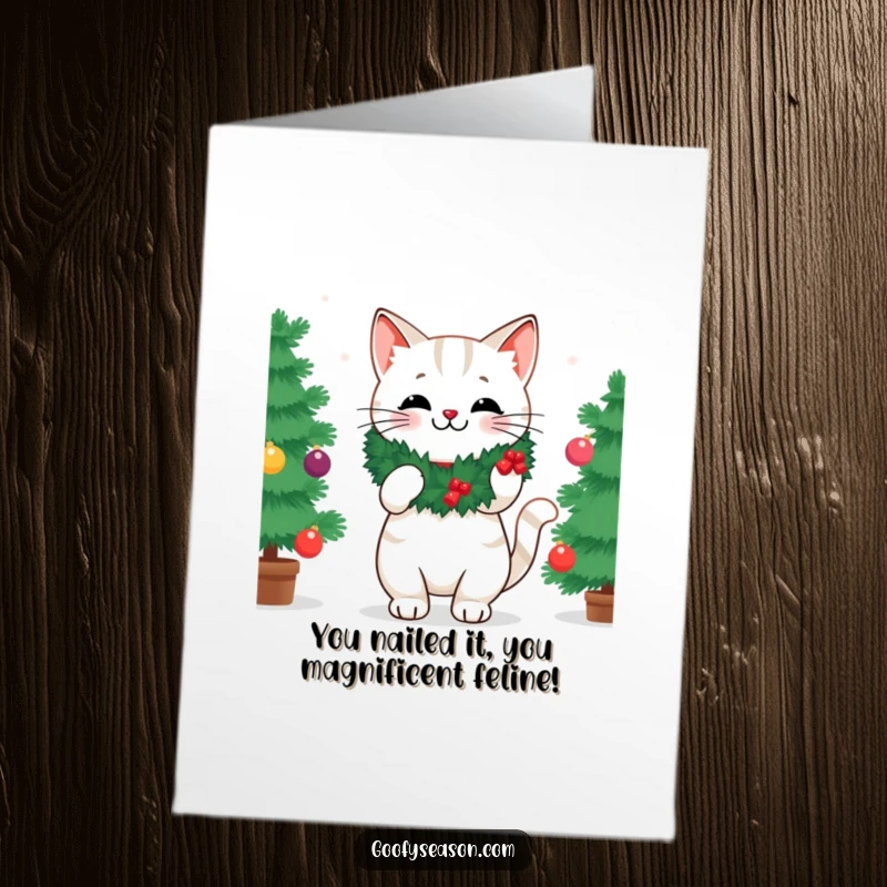 Funny Free Printable Congratulations Card: A cat wearing a wreath triumphantly decorating a tree to celebrate.