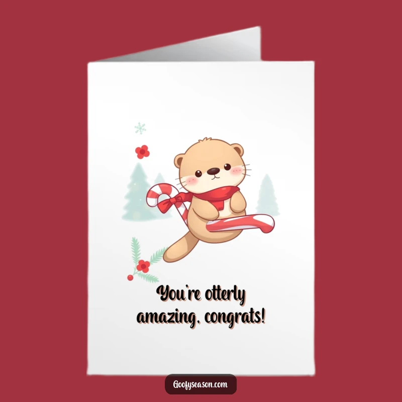 Free Printable Congratulations Card: Kawaii Otter Candy Cane Triumph Funny Downloadable Gift