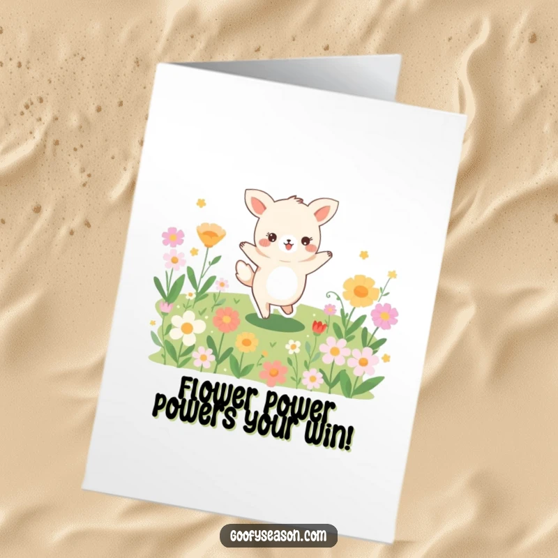 Funny Free Printable Congratulations Card: A happy animal energetically dances amidst a meadow filled with brightly blooming flowers, celebrating success.