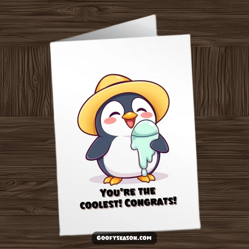 Funny Free Printable Congratulations Card: A happy penguin wearing a sun hat with a dripping ice cream cone.