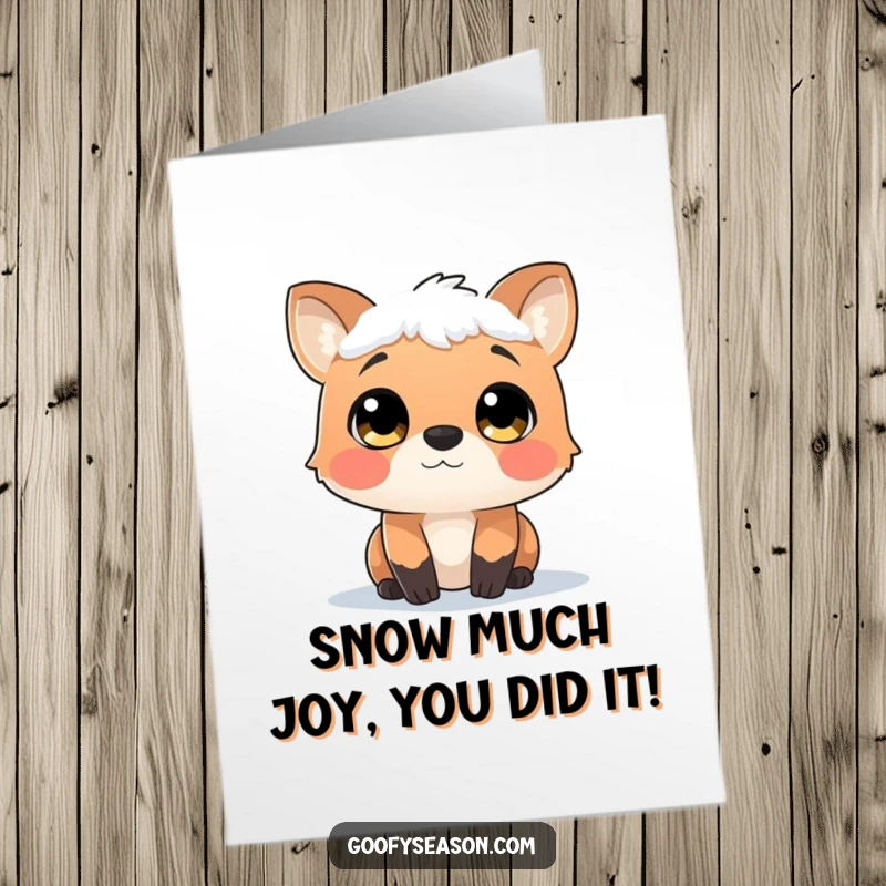 Funny Free Printable Congratulations Card: A curious animal observes gentle snowfall with wide, awe-struck eyes, bringing a sense of peaceful celebration.
