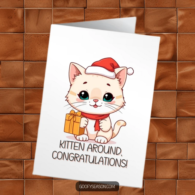 Funny Free Printable Congratulations Card: A cute cat wearing a tiny Santa hat holds a gift, celebrating a joyous achievement.