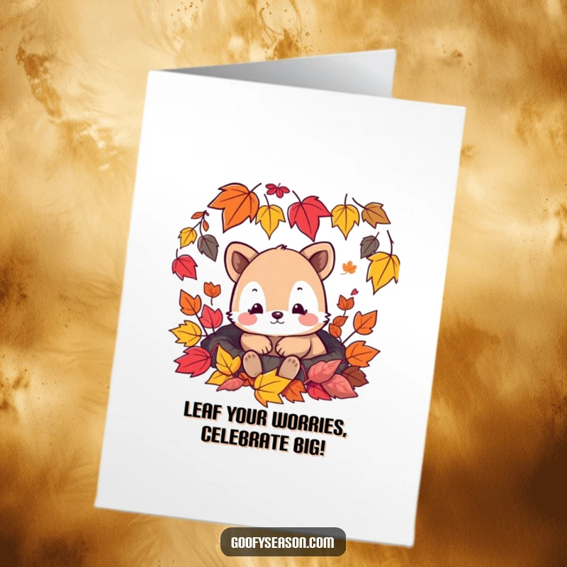 Funny Free Printable Congratulations Card: A cozy animal sits contentedly amidst vibrant falling leaves, sharing in the joy.