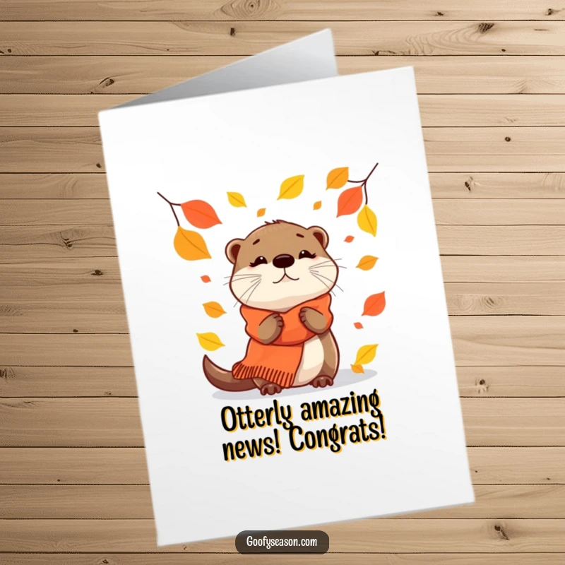 Funny Free Printable Congratulations Card: An otter in a scarf watches leaves fall, a peaceful congratulations.