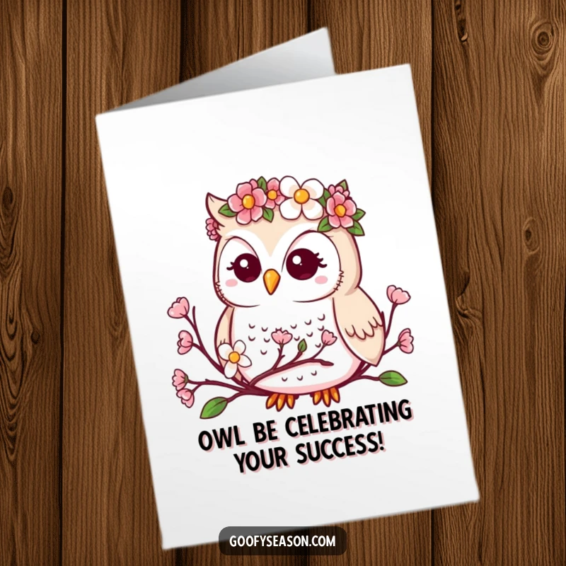 Funny Free Printable Congratulations Card: Adorable kawaii owl wearing a flower crown, watching spring buds bloom, celebrating your success.