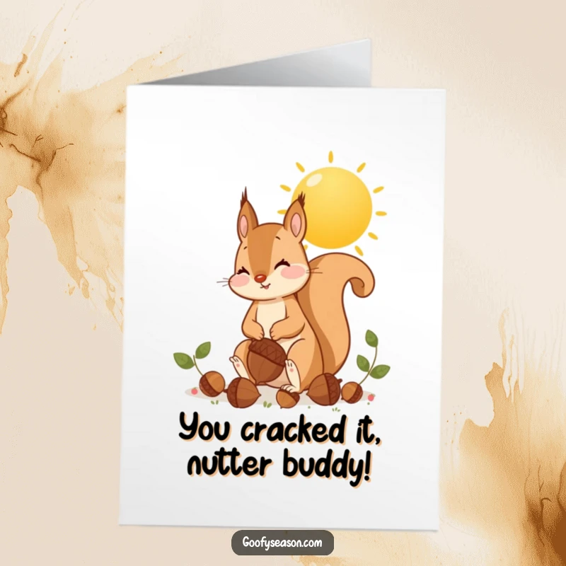 Funny Free Printable Squirrel Congratulations Card: A playful squirrel is busy collecting oversized acorns.