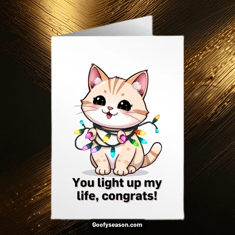 Funny Free Printable Congratulations Card: Energetic cat wrapped in twinkling holiday lights, blinking with excitement for your big achievement.