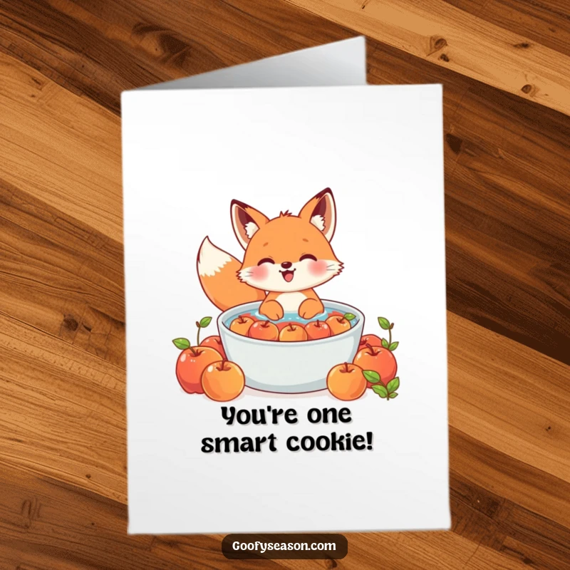 Funny Free Printable Congrats Card: A cute kawaii fox gleefully bobbing for apples, celebrating success with pure delight.