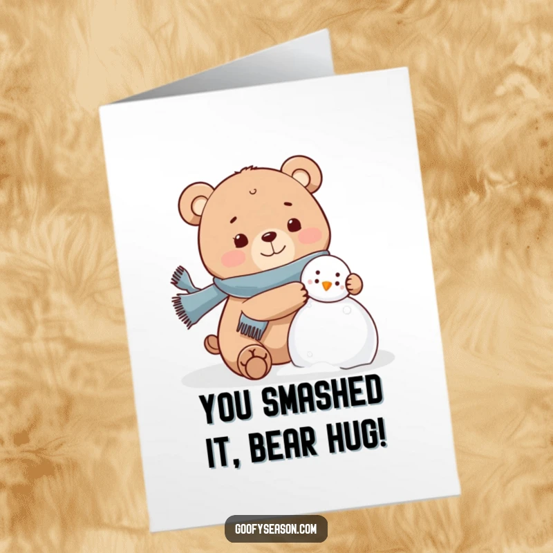 Funny Free Printable Bear Congratulations Card: A happy bear wearing a scarf is joyfully building a snowman.