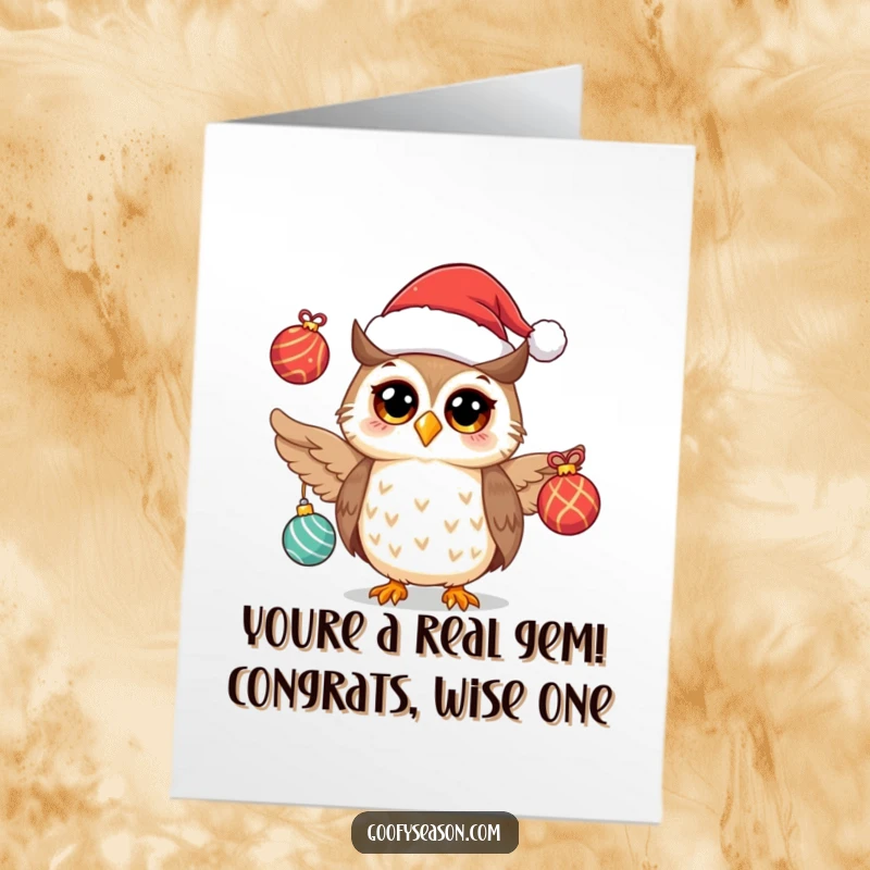 Free Printable Congratulations Card: A cheerful owl in a Santa hat expertly juggles shiny festive ornaments, a delightful celebration.