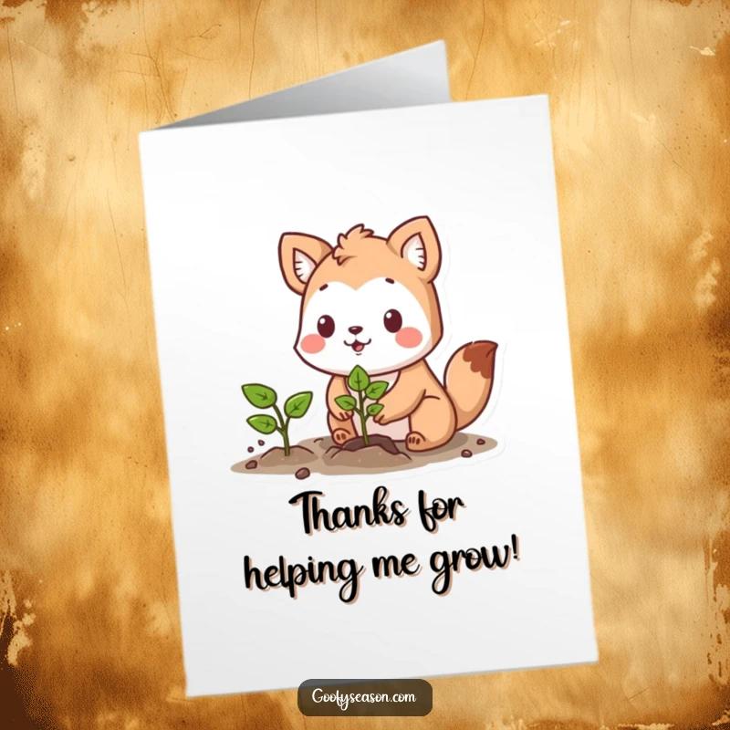 Funny Free Printable Thank You Card: A determined animal plants a lively seedling with a hopeful expression, symbolizing growth and potential.