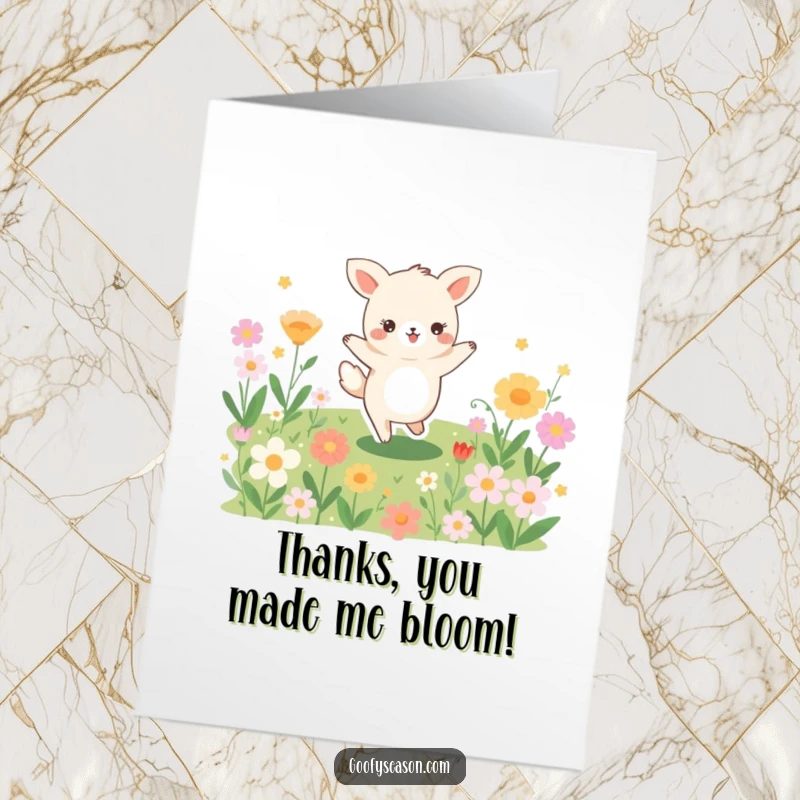 Funny Free Printable Thank You Card: A joyful animal performs a happy dance in a lush field of vibrant, blooming flowers, showing thanks.