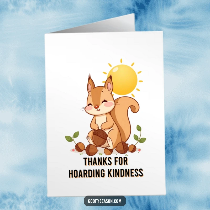 Funny Free Printable Squirrel Thank You Card: A playful squirrel is gathering giant acorns under a sunny sky.