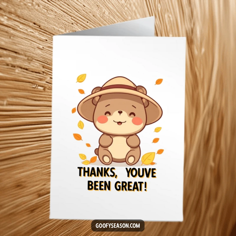 Funny Free Printable Thank You Card: Joyful bear wearing a sun hat catches falling leaves, a sweet thank you.