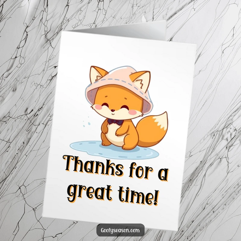 Funny Free Printable Thank You Card: Mischievous fox in a rain hat happily splashes in puddles, sending thanks.