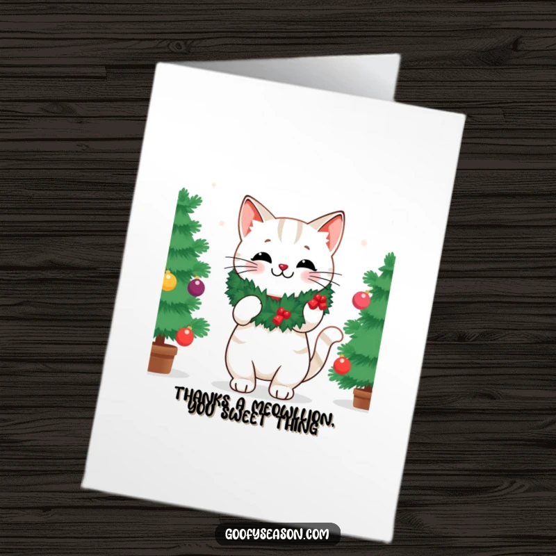 Funny Free Printable Thank You Card: A cat joyfully decorates a tree while wearing a festive wreath.