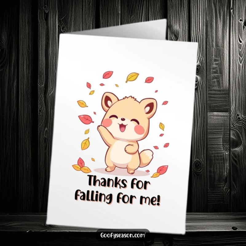 Funny Free Printable Thank You Card: Kawaii animal tosses colorful leaves, showers of thanks raining down.