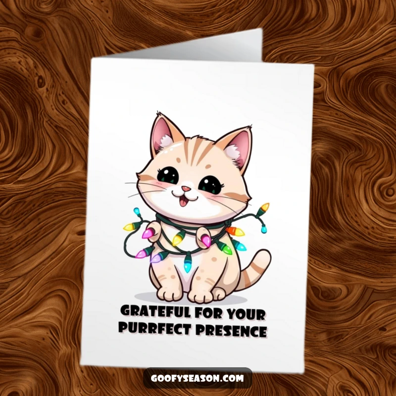 Funny Free Printable Thank You Card: Energetic cat playfully entangled in colorful holiday lights, sending warm wishes and thanks.
