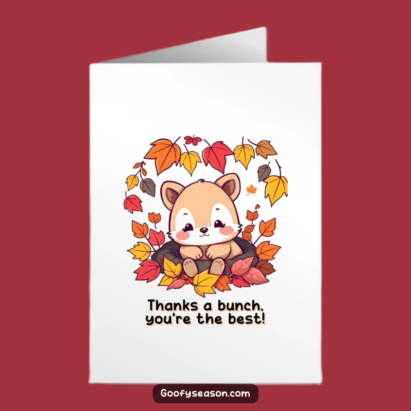 Free Printable Cozy Animal Thank You Card: Humorous Fall Leaves Downloadable