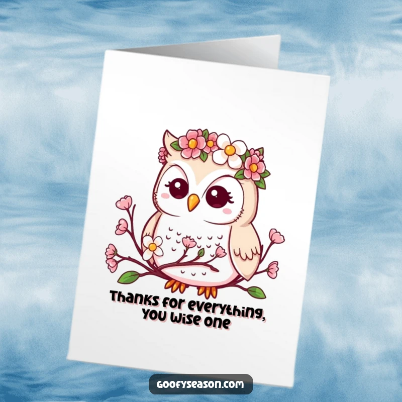 Funny Free Printable Thank You Card: A kawaii owl with a flower crown gently observes blooming spring buds, conveying heartfelt thanks.