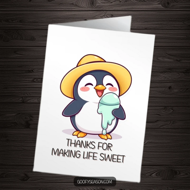 Funny Free Printable Thank You Card: A penguin in a sun hat looking concerned at its melting ice cream.