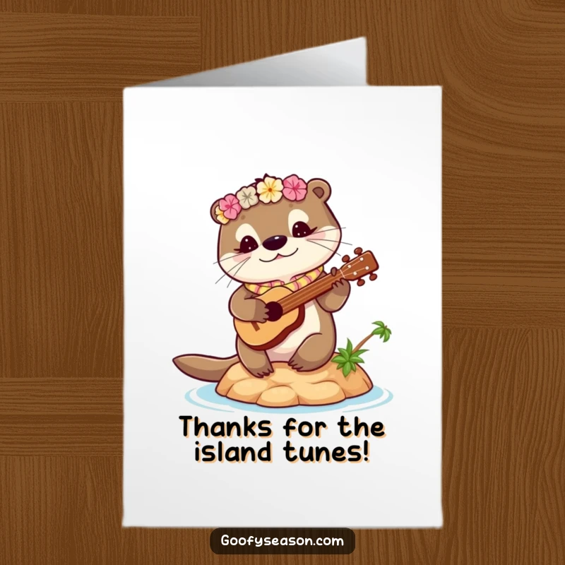 Funny Free Printable Thank You Card: Otter with lei strums ukulele on tiny island, expressing thanks