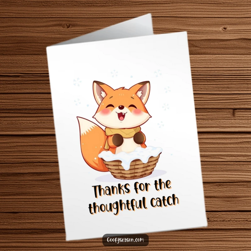 Funny Free Printable Thank You Card: Smiling fox with a basket, enthusiastically catching falling snowflakes.